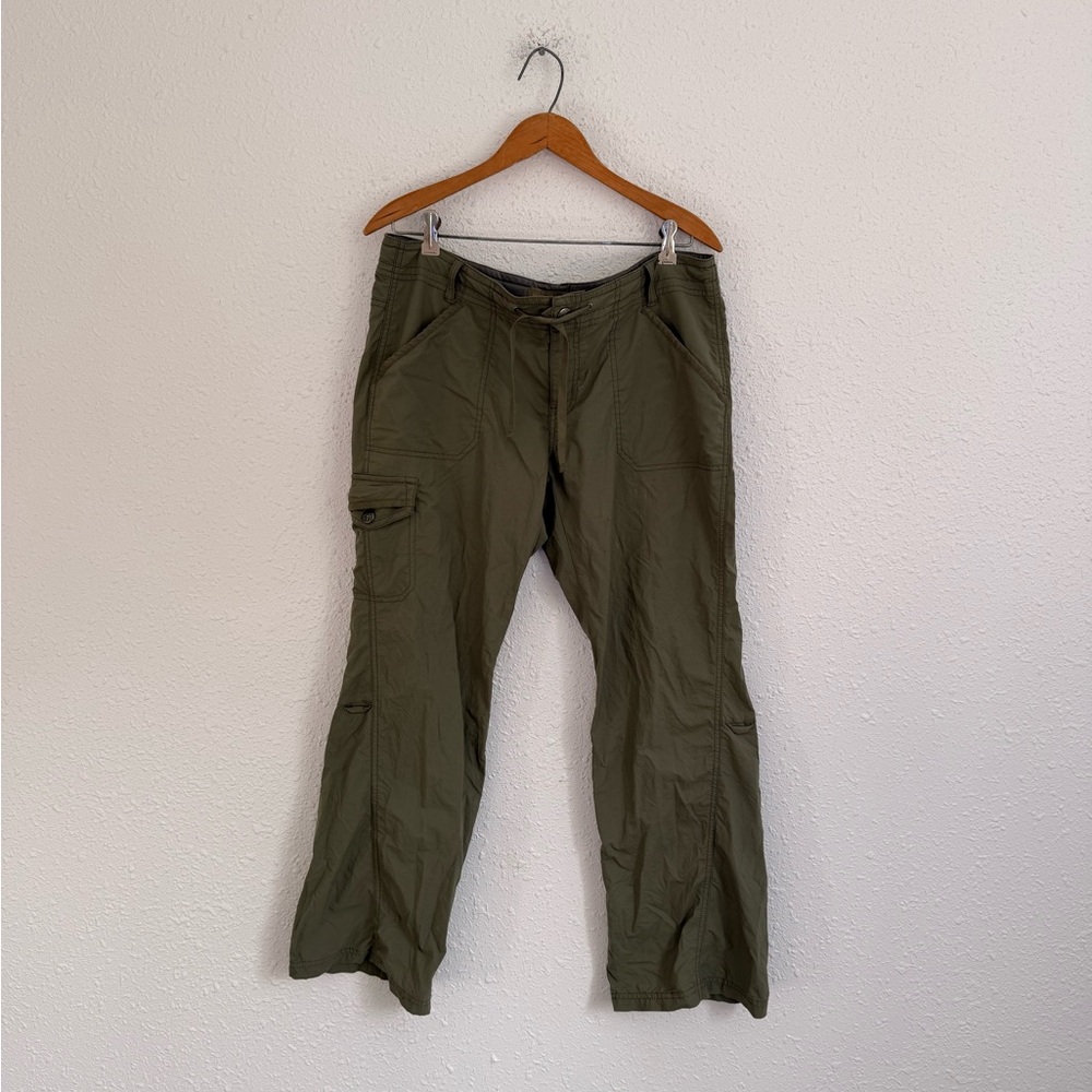 REI Sahara trail made pants Olive green hiking waist tie roll up Womens 12